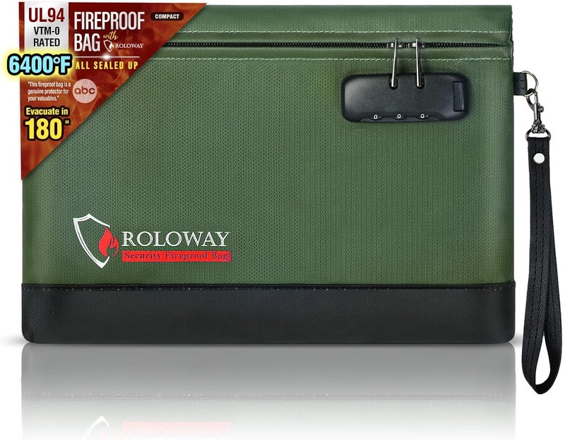 ROLOWAY Fireproof Money Bag with Lock for Cash, 6400°F Fire Proof Document Bag (12.2 x 8.5 x 1.6 inches), Money Pouch with Zipper (Green) - Image 1